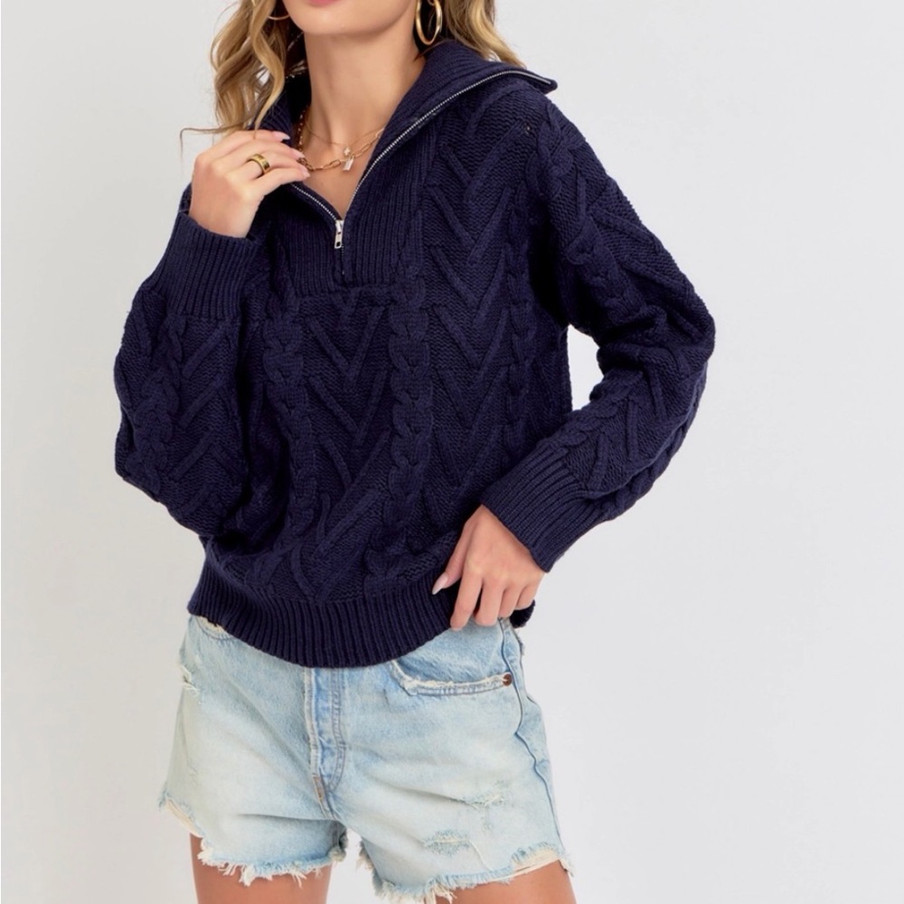 Elegant Navy Cable Knit Turtleneck Sweater